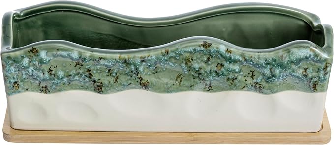 MyGift 13 Inch Large Rectangular Succulent Planter, Decorative Seafoam Green Glazed Beige Ceramic Indoor Plant Container Pot with Removable Bamboo Tray