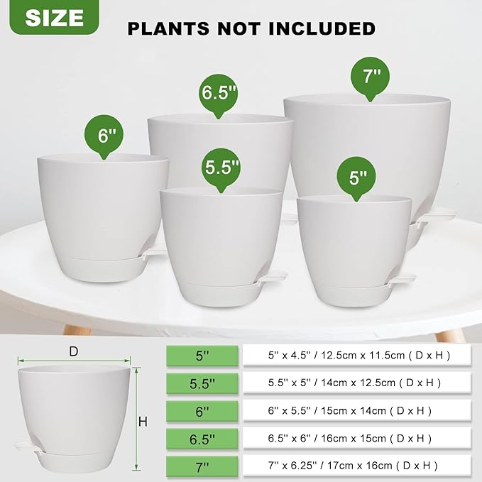 Vanslogreen Plant Pots, 7/6.5/6/5.5/5 Inch Self Watering Planters, Pots for Indoor Plants with Drainage Hole for Succulents, African Violet (Matte White)