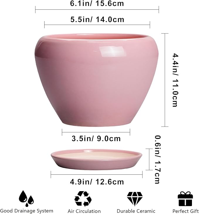 Ceramicfor 6 Inch Plant Pot - Ceramic Pot for Indoor Plants, Glaze Modern Decorative Round Ceramic Planter with Drainage Hole and Saucer, Plant Lover Gifts, Home Garden Room Office Decor, Pink