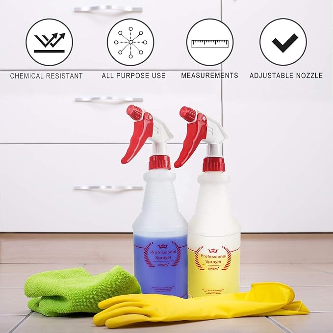 Uineko Plastic Spray Bottle (4 Pack, 32 Oz, All-Purpose) Heavy Duty Spraying Bottles Leak Proof Mist Empty Water Bottle for Cleaning Solution Planting Pet with Adjustable Nozzle and Measurements