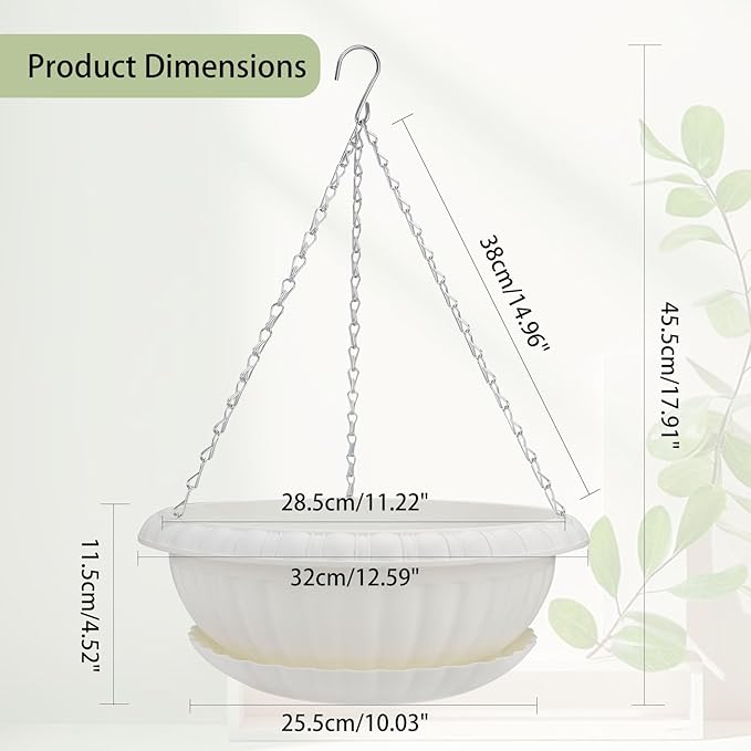 summer flower 3 Pack Large Hanging Planters 12.59in Plastic Plant Pots with Drainage Holes & Trays for Indoor Outdoor Garden Wall Window Decor (White)