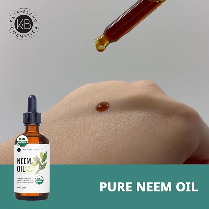 Kate Blanc Cosmetics Neem Oil for Skin, Hair & Face. Safe for Dog, Plants, Scalp (4oz, Organic, Cold Pressed, Concentrate)
