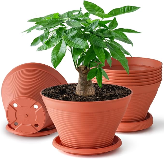RooTrimmer 8 Pack 8 Inch Plant Pots with Saucers, Plastic Flower Pots with Drainage Holes, Large Planters for Indoor Outdoor Garden, House Plants, Flowers, Herbs, Gardening Gifts, Pottery Red