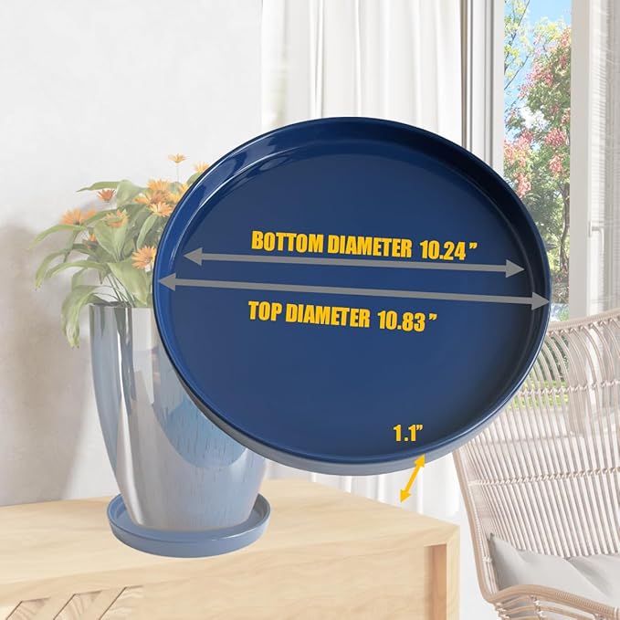 Yukfona Ceramic Plant Saucer Pot Tray 10 Inch, Planter Saucers 4 5 6 7 8 9 10 11 12 13 Inch for Indoors Outdoor, Durable Sturdy Flower Drainage drip Water Tray for Glazed Pots Base (10.7 Inch-Blue)