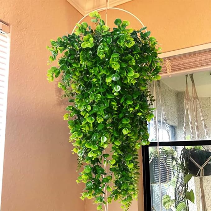 2Pcs Artificial Hanging Plants Eucalyptus Leaves UV Resistant Fake Vines Ivy Artificial Plants Outdoor Faux Plants Indoor Bedroom Living Room Boho Wall Porch Shelf Decor