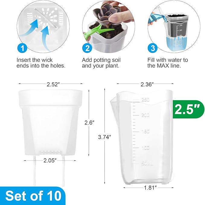 10 Pack 2.5" Mini Self Watering Pots for Indoor Plants, Small Clear Plastic Planters with Drainage & Water Level, Semi Hydroponic Pots for African Violet, Propagation and Succulents