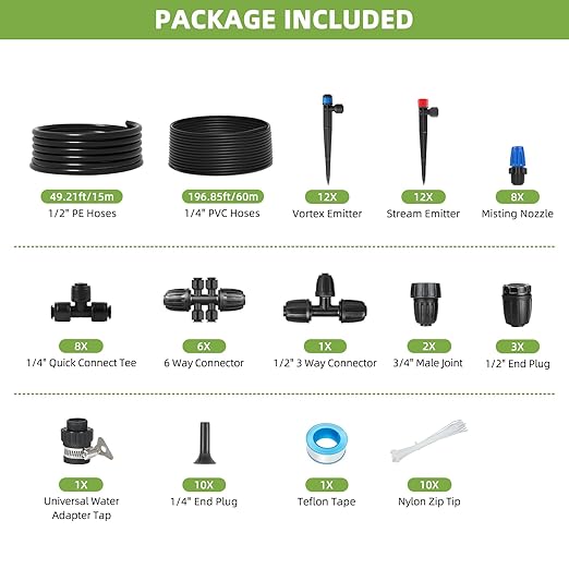 250FT Drip Irrigation System Kit, Automatic Garden Watering System with 1/2" Hose and 1/4" Distribution Tubing-Adjustable Nozzles & Sprinklers for Garden Irrigation, Yard, Lawn, Potted Plants。