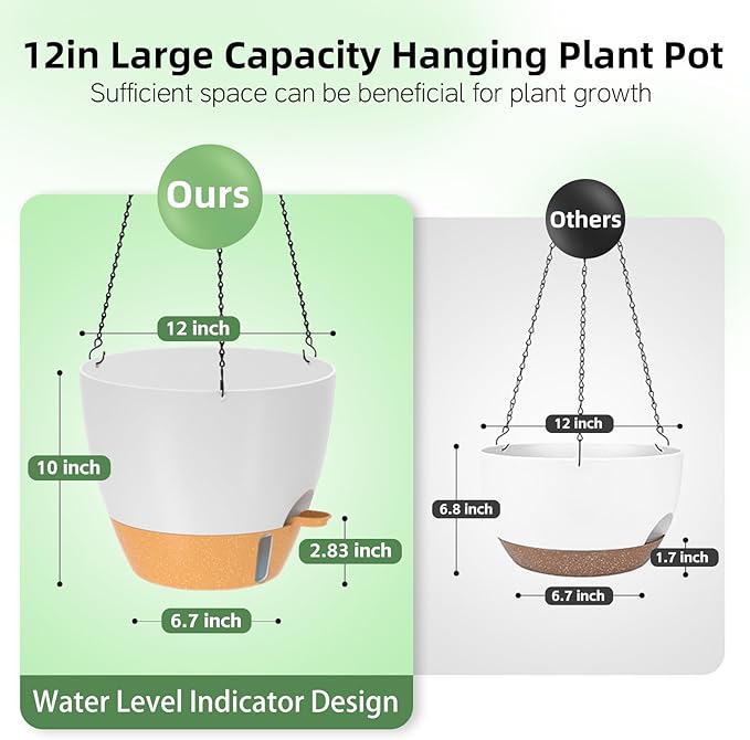 ZMTECH 12 Inch Hanging Planters for Indoor Outdoor Plants, 2 Pack Self Watering Hanging Plant Pots with Drainage Hole, Visual Reservoir, Plastic Flower Hanging Pots with Watering Lip (White)