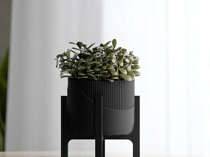 Modern Geometric Planter with Stand – Decorative Indoor Plant Pot with Ridged Top & Smooth Bottom, Stylish Planter for Succulents, Herbs, Small Plants (Black - Smooth Body with Ridges and Stand)