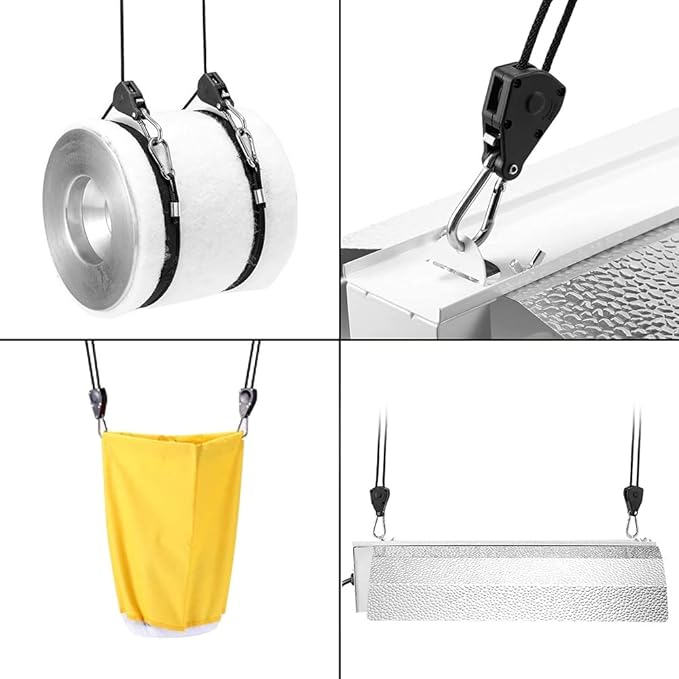 Winterworm 4 Pairs 1/8 Inch Adjustable Heavy Duty Ratchet Hanger Grow Light Fixtures Rope Clip Hangers Hanging Ropes for Gardening Grow Plant Fan Reflectors Filter Tent,150lbs Weight Capacity
