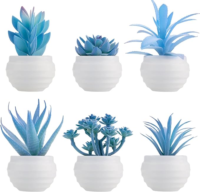 GREENTIME 6 Pcs Blue Artificial Succulent Plants in Mini White Plastic Pots Small Fake Succulent Plant Faux Indoor Decor Bedroom Desk Bathroom Office Living Room Table Shelf Home Decoration