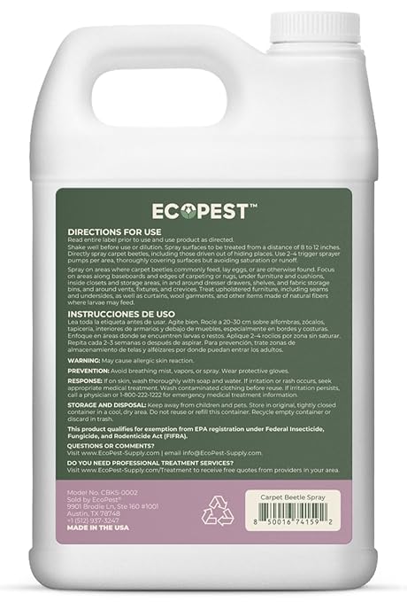 Carpet Beetle Spray – Natural, Plant-Based Killer for Carpet Beetles, Larvae & Eggs | Fabric & Furniture-Safe Home Treatment for Indoor Use | Child & Pet Safe, Low Odor, Eco-Friendly (128 oz)