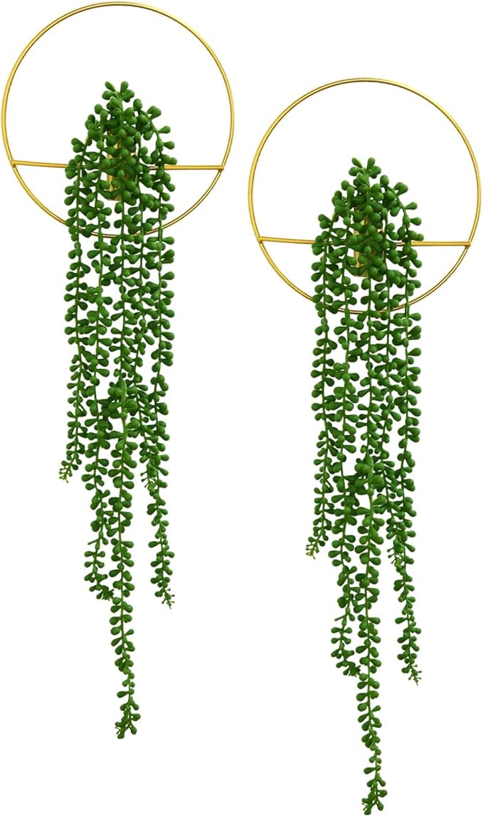 GREENTIME 2 Pack Artificial String of Pearls 22" Fake Hanging Plants with 8" Round Metal Wall Decor for Living Room Indoor Outdoor Bedroom UV Resistant No Maintenance Boho