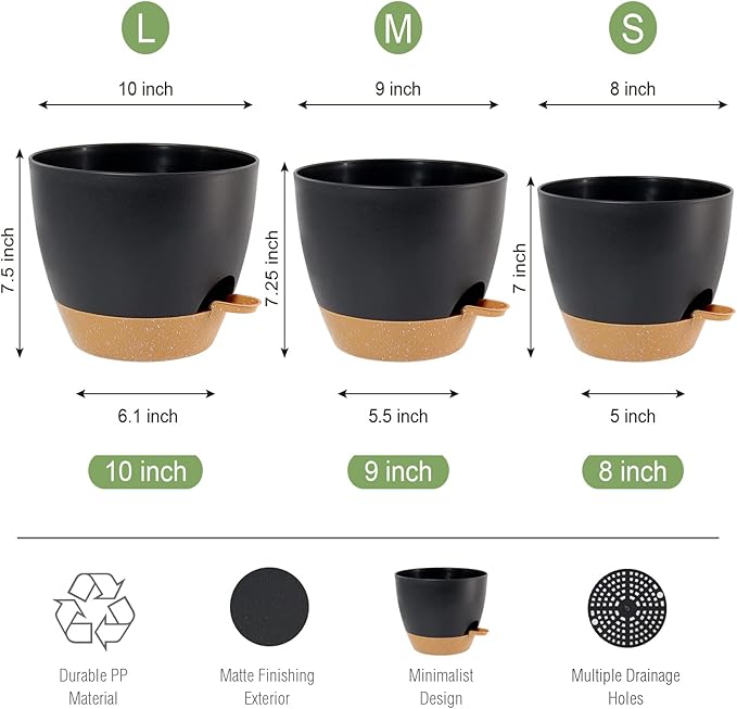 UOUZ 10/9/8 inch Self Watering Pots, Set of 3 Plastic Planters with Mesh Drainage Holes and Deep Reservoir for Indoor Outdoor Garden Plants and Flowers, Black with Brown