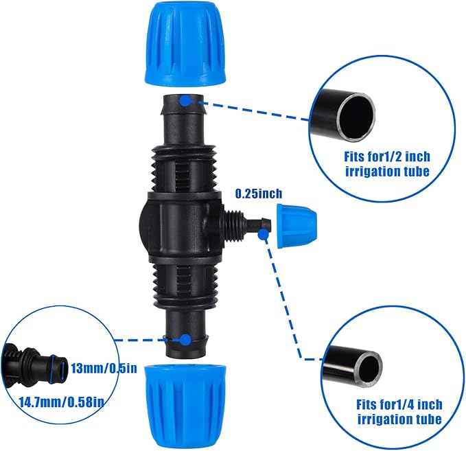 10 Pcs 1/2 to 1/4 inch Garden Hose Tubing Irrigation Fittings,3-Way Anti-Leak 1/2'' to 1/4'' Locked Barbed Drip Irrigation Tee Connectors (1/2"IDx0.6-0.63"OD) 1/2'' to 1/4'' Irrigation Tubing Fitting