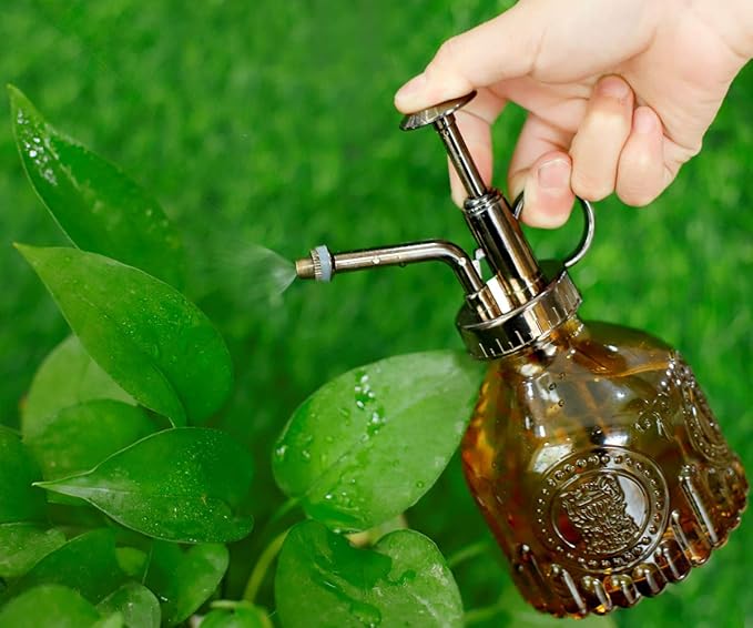 Hniuyun Glass Plant Mister Spray Bottle, 6.4 All Vintage Plant Spritzer Watering Can, Bronze Plastic Top Pump, Plant Mister Glass Watering Garden Tool (Brown)