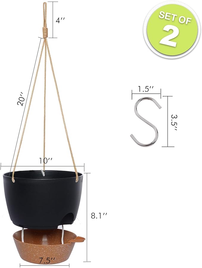 SwinDuck 10 Inch Self Watering Hanging Pots, 2 Pack Hanging Planters with 40oZ Deep Reservior for Indoor Outdoor Plants Flowers, Black with Brown