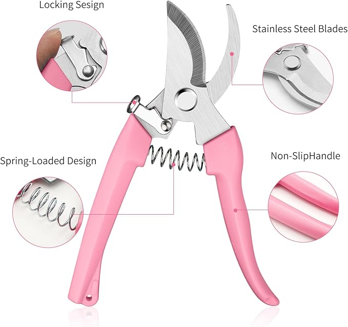 Flower Scissors, Flower Shears High Strength Steel Sharp, Ergonomic Handle Pruning Shears for Gardening, Lightweight Garden Scissors, 1-inch Cut Capacity Rust Resistant for Plants Bonsai-Pink