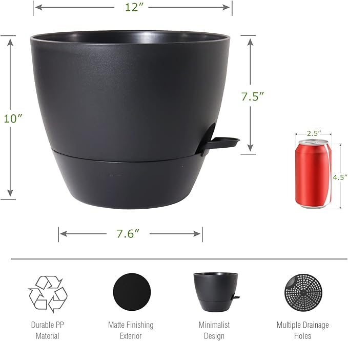 UOUZ 12 inch Large Self Watering Pots, Plastic Planters with 60oZ Removable Deep Reservoir and Multi Mesh Drainage Holes for Indoor Outdoor Garden Plants and Flowers, Black