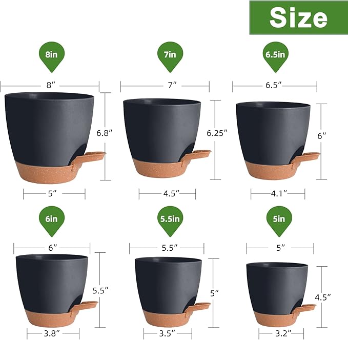 Vanslogreen Planters for Indoor Plants, 8/7/6.5/6/5.5/5 Inch Self Watering Plant Planters with Drainage Hole, Plastic Planters Flower Pots for Indoor Outdoor Plants (Black)