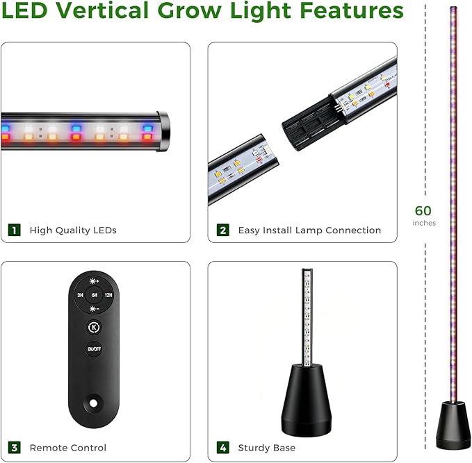 Grow Lights for Indoor Plants with Timer, 2PCS 60 Inch Vertical Grow Light Full Spectrum 384 LEDs 48W with Remote 3/6/12H Auto On/Off 3 Light Modes 5-Level Dimmable Standing Plant Lamp