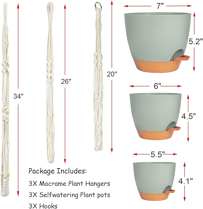 Bouqlife Self Watering Hanging Planters for Indoor Plants 3 Pack Macrame Plant Hangers with Drainage Holes Pots and Hooks for Home Garden Decor Green