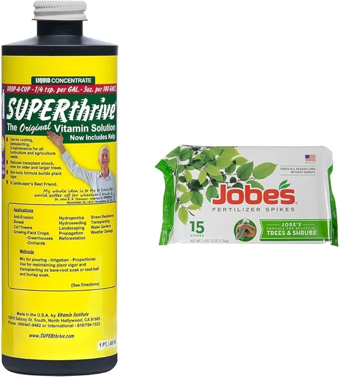SUPERthrive VI30155 Plant Vitamin Solution, 1 Pint,Multi and Jobe’s Slow Release Tree and Shrub Fertilizer Spikes, 15 Count