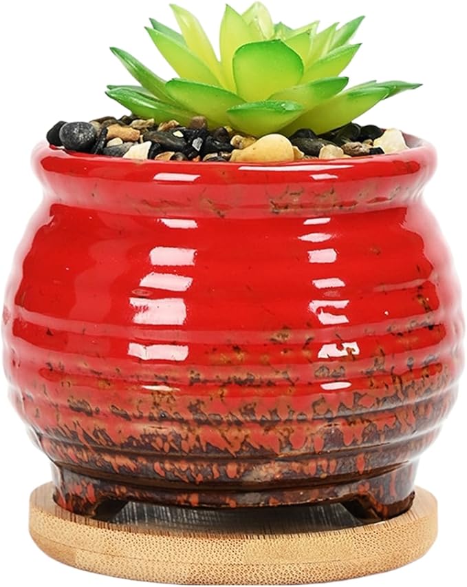 Cute Circular Ceramic Home Garden Decoration Succulent Cactus Flower Pots Container with Bamboo Tray -Plant Not Included (Red, 3.8 Inch)