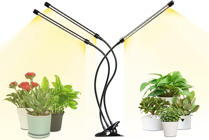 iPower LED Grow Light with Full Spectrum for Indoor Plants, Adjustable Gooseneck, 2/3 Light Modes&5/10 Dimmable Levels, 3 Auto Timing Modes, 3 Tubes, Yellow
