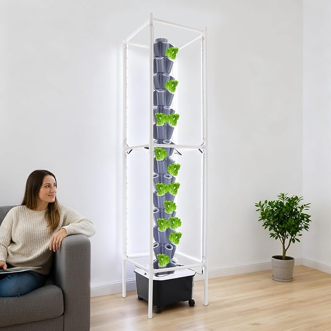 Hydroponic Growing System Kit - 70 Pods Large Vertical Hydroponics Tower with 8 LED Light Strips, 14-Tiers Smart Indoor Herb Garden for Kitchen Office Winter Balcony Planting (Grey)