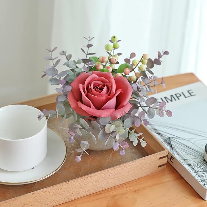 Small Artificial Pink Rose Potted Plant, 6" Fake Silk Flowers in 3.5" Round Pot, Mini Faux Floral Arrangement for Desk Shelf Bathroom Decor