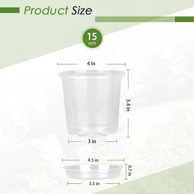 FUIJOL 4 Inch Clear Nursery Pots for Plants with Sacuers 15 Pack, Plastic Flower Pots with Drainage Holes, Variety Pack Seedlings Garden Pot for Indoor Outdoor (4 inch)