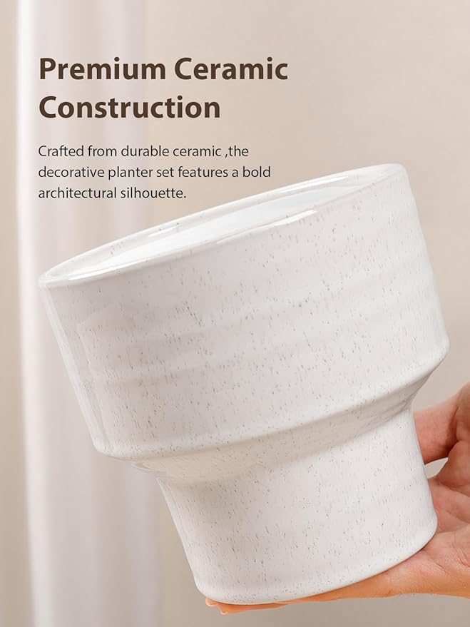 INGOFIN Ceramic Planter Pot Set of 3, 4/5/6 Inch Indoor Decorative Cachepot for Pothos & Succulents, No Drainage Hole, Modern Architectural Plant Display for Contemporary Home Decor, Pockmarks White