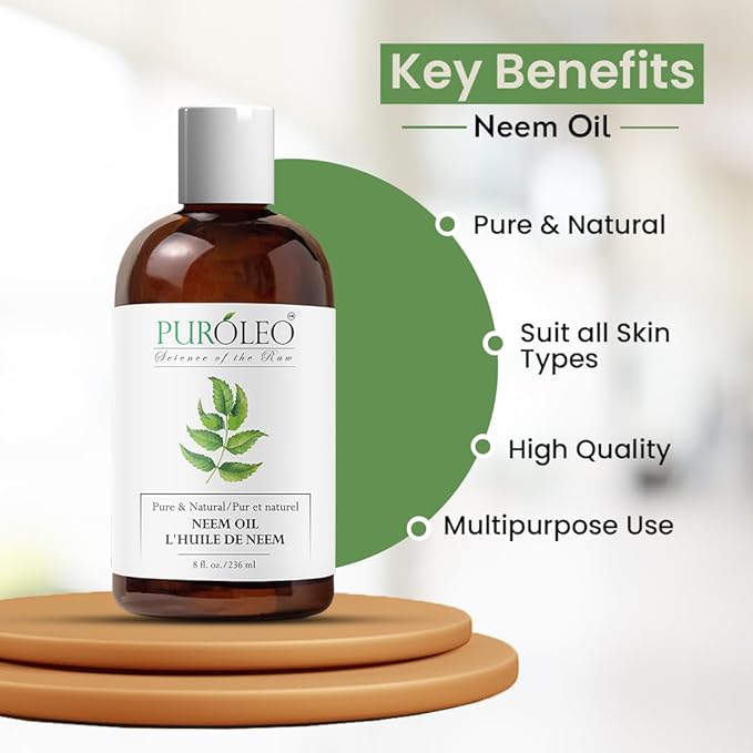 PUROLEO NEEM Oil 8 Fl Oz/236 ML (Packed in Canada) 100% Pure and Natural Neem Oil for Multipurpose Use | Neem extracted from NEEM Plante Chemical Free Neem for Spray