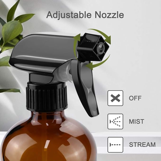 Worldgsb Glass Spray Bottles, 16oz Amber Glass Spray Bottles with Labels & Adjustable Nozzle, Reusable Containers for Cleaning, BBQ, Food, Plants, Alcohol, Essential Oils(1 Pack)