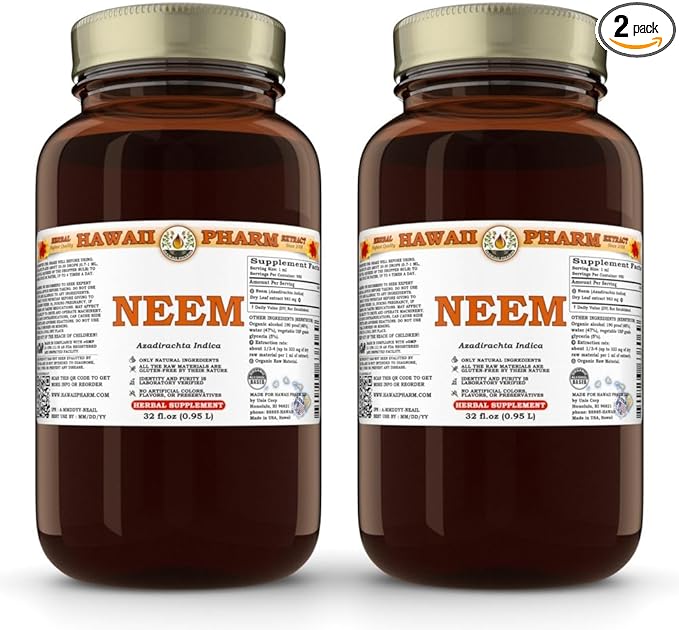Hawaii Pharm Neem (Azadirachta Indica) Liquid Extract, Tincture, Herbal Supplement, Made in USA, 2x32 fl.oz