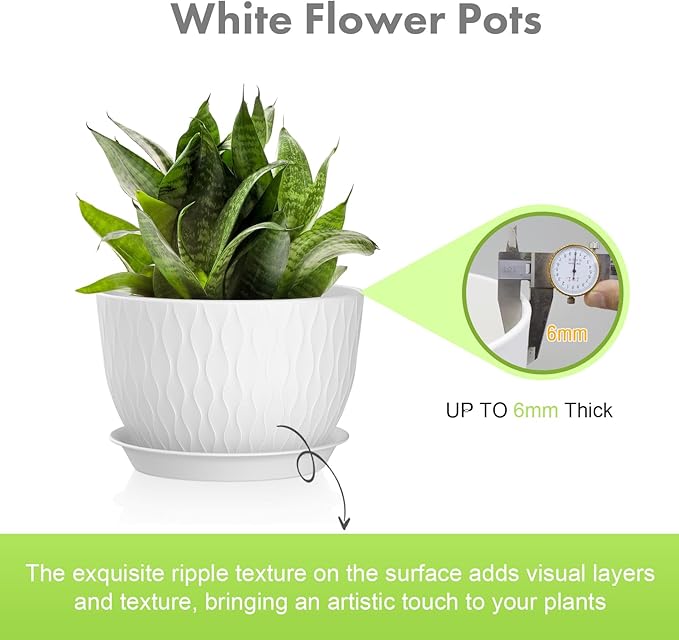 Meowell 12/10/9 inch Large Plant Pots, 3 Pack Wide Flower Pots for Outdoor Indoor Plants with Water Ripples, Big Plastic Planters with Drainage Holes and Saucers for Garden House Plants, White