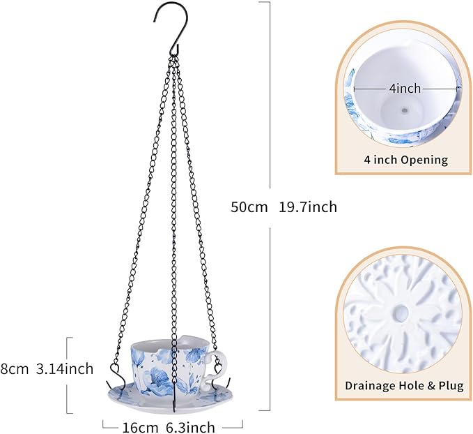 TEATALK Hanging Planters for Indoor Plants, Ceramic Pots with Drainage Hole, 6.3 Inch Hanging Planter with Chain, Outdoor Hanging Baskets for Plants, Blue Flowers, Cup Shape