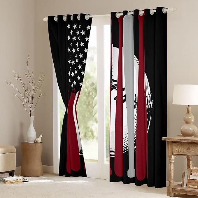 Feelyou Boys Baseball Curtains America Flag Baseball Window Curtains Bedroom Living Room Kids Room Decor Boys Baseball Bat Window Drapes Cool Sports Game Window Treatments 52W X 90L，2 Panels