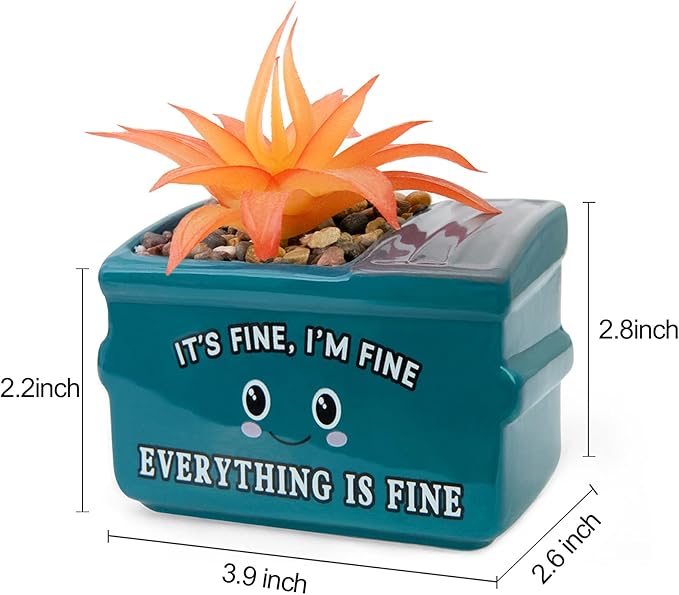 Dumpster Fire Fake Plants in Ceramic Succulent Pots Desk Decor, Emotional Support Positive Thinking Office Desk Accessories, Motivational Gifts for Women, Men, Coworkers