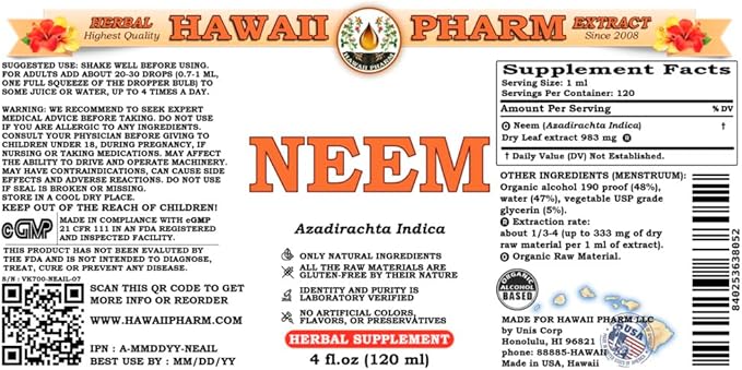 Hawaii Pharm Neem (Azadirachta Indica) Liquid Extract, Tincture, Herbal Supplement, Made in USA, 4 fl.oz