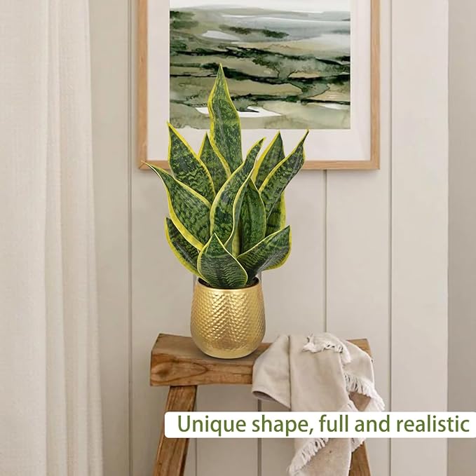 DILATATA Artificial Snake Plant in Gold Pot, 18” Faux Sansevieria Potted Plant for Home Office Decor, Fake Snake Plants Laurentii Indoor Modern Tabletop Decor Faux Mother in Law Tongue