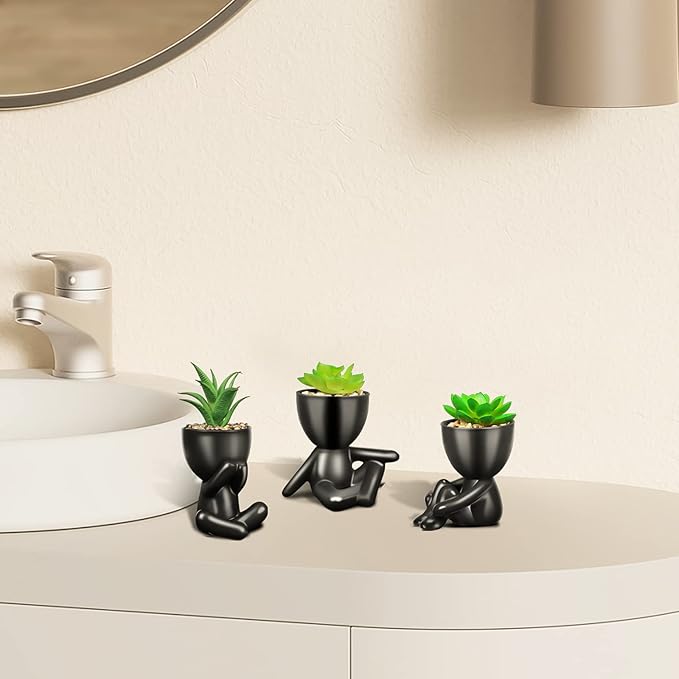 Pack of 4 Black Cute Fake Plants, Artificial Succulent Plants with Creative Human Shaped Pots,Mini Potted Desk Plants for Office Bathroom Shelf Cubicle Home Decor (Matte Black)