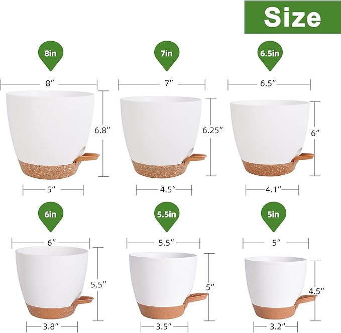 Vanslogreen Flower Pots, 8/7/6.5/6/5.5/5 Inch Self Watering Planters for Indoor Outdoor Plants with Drainage Hole, Plastic Planters for House Plants(White)