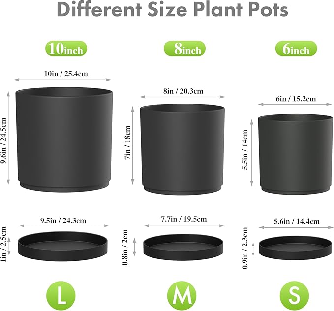 Meowell 10/8/6 inch Large Deep Plant Pots for Outdoor Indoor Plants, 3 Pack Tall Cylinder Flower Pots with Drainage Holes and Saucers, Big Plastic Planter Pots for Garden House Porch, Black