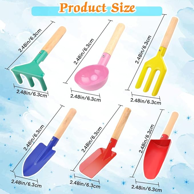 6 Piece Kids Gardening Tools, Children Beach Sand Toys, Made of Metal with Sturdy Wooden Handle, Safe Beach Gardening Set, Spoon, Fork, Rake & Shovel, Gifts for Kids