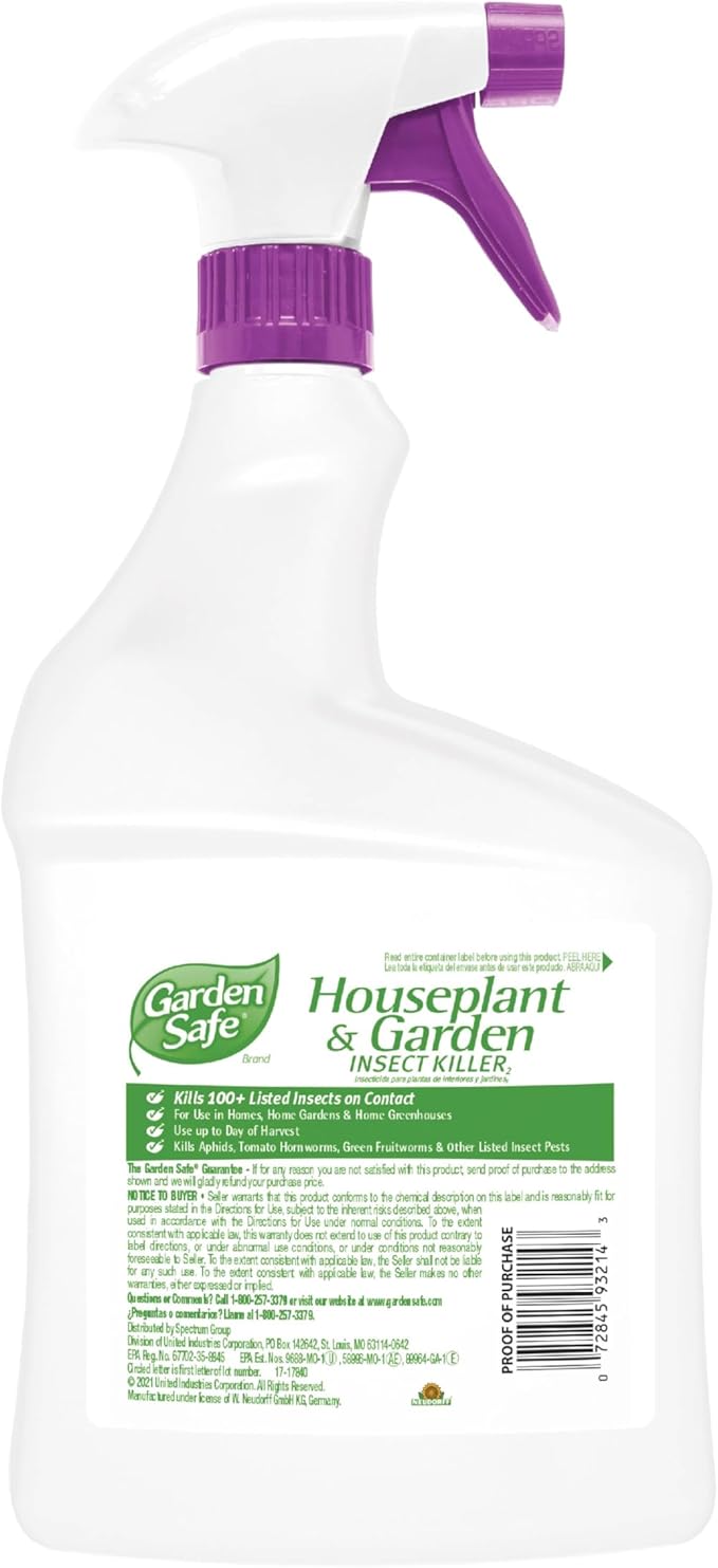 Garden Safe Brand Houseplant & Garden Insect Killer2, 32 Fluid Ounces, Kills 100+ Listed Insects on Contact, For Use in Homes, Home Gardens & Home Greenhouses Up to Day of Harvest