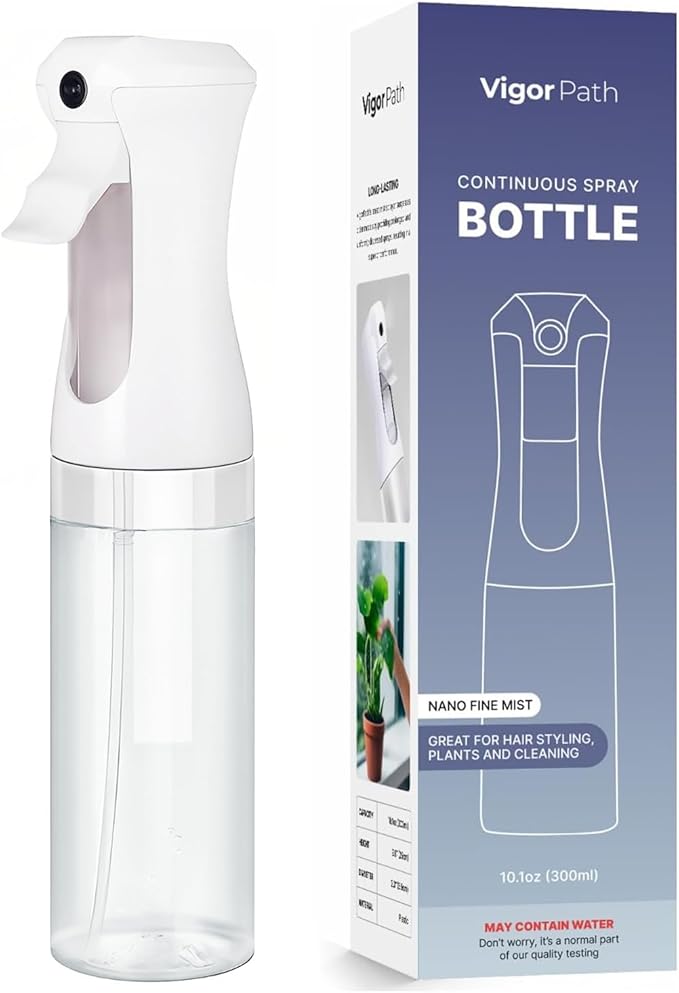 VIGOR PATH Continuous Mist Spray Bottle – Fine Mist Sprayer for Hair, Plants, Cleaning & Beauty – Refillable & Reusable Water Spray Bottle (Clear, 10oz)