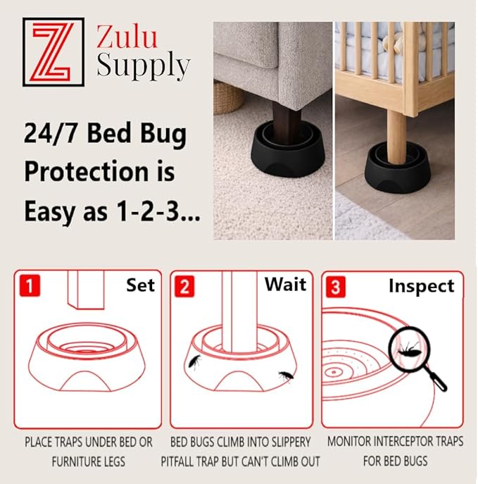 Bed Bug Interceptor Traps – Black 4-Pack Passive Monitor & Detection Trap – Universal Fit for Bed & Furniture Legs – Reusable Non-Climbable Wall Pest Control Protection (Black 4-Pack)