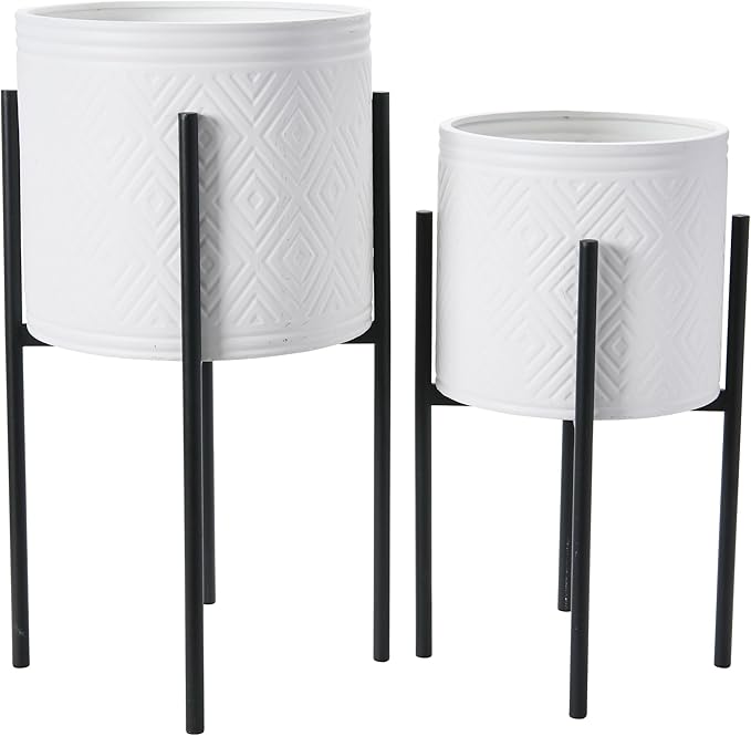 Main + Mesa Modern Boho Embossed Metal Planters with Stands, White and Black, Set of 2 Sizes